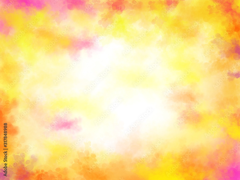 Watercolor sky abstract background. Sunset sky. Pink and yellow clouds. . Paradise. Background with white center