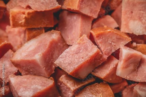 Linguiça calabresa picada. Comida brasileira, cozinha brasileira, carnes, porco. photo