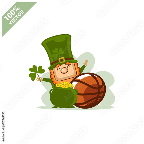 Basketball ball happy Saint Patrick's Day theme. Cartoon character with green hat illustration vector logo.