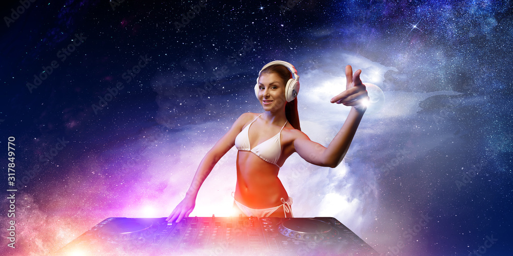 Cute dj woman at console. Mixed media Cute dj woman at console. Mixed media