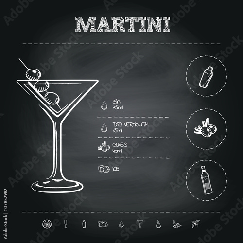 Martini. Image of a cocktail and a set of ingredients for making a drink at the bar. Sketch on a black chalkboard. Vector illustration