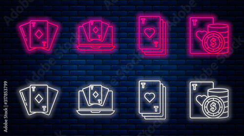 Set line Online poker table game, Playing card with heart, Playing card with diamonds and Casino chip and playing cards. Glowing neon icon on brick wall. Vector