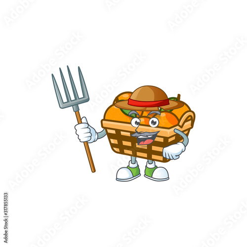 Cute Farmer basket oranges cartoon mascot with hat and tools