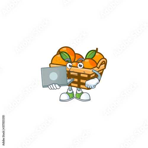 A clever basket oranges mascot character working with laptop