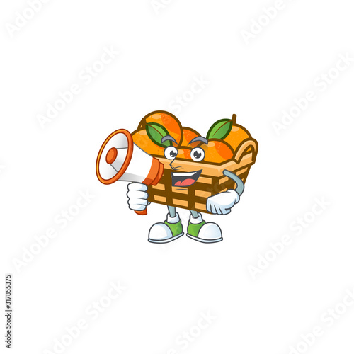 Cool cartoon character of basket oranges holding a megaphone