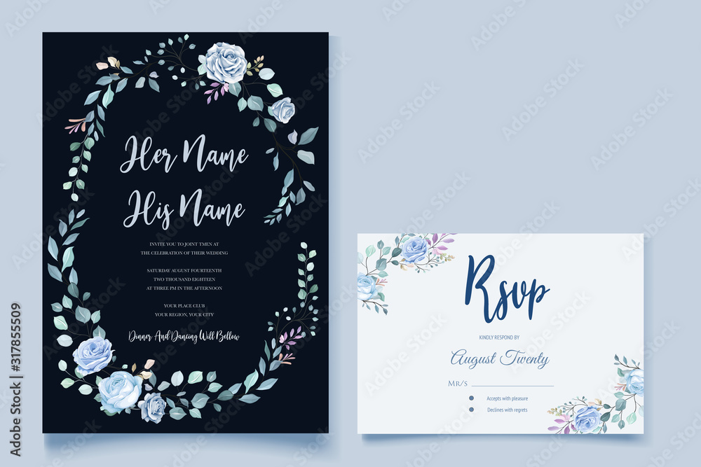 Fototapeta premium romantic blue wedding floral and leaves card