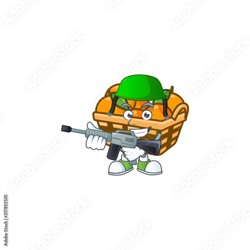 Basket oranges carton character in an Army uniform with machine gun