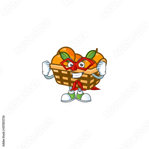 Smiley mascot of basket oranges dressed as a Super hero