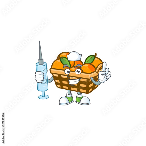 Smiley Nurse basket oranges cartoon character with a syringe