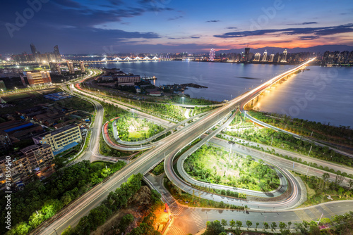 shanghai interchange overpass and elevated road in nightfall