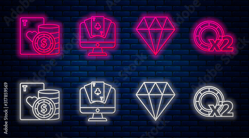 Set line Online poker table game, Diamond, Casino chip and playing cards and Casino chips. Glowing neon icon on brick wall. Vector