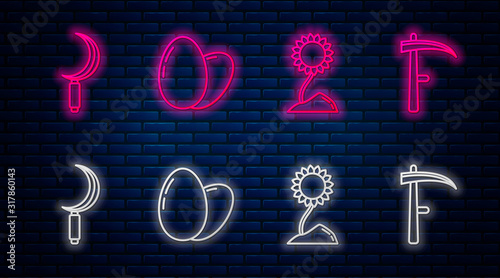 Set line Chicken egg, Sunflower, Sickle and Scythe. Glowing neon icon on brick wall. Vector