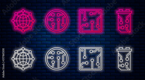 Set line Processor, Processor, Global technology or social network and Video graphic card. Glowing neon icon on brick wall. Vector