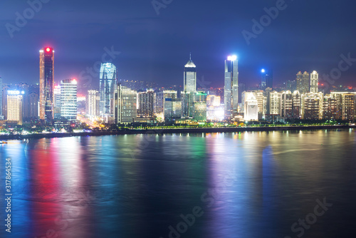 Night panorama of beautiful Shanghai city with bright lights, China © zorabc