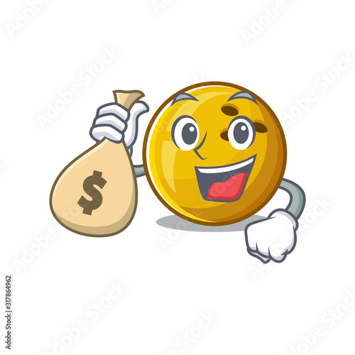 Happy rich bowling ball cartoon character with money bag