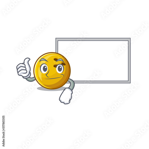 Thumbs up of bowling ball cartoon design with board