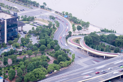 city highway interchange in shanghai on traffic rush hour