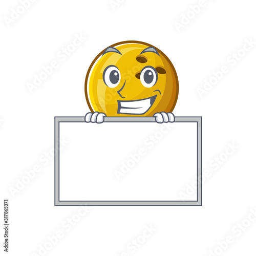 A cute picture of bowling ball grinning with board
