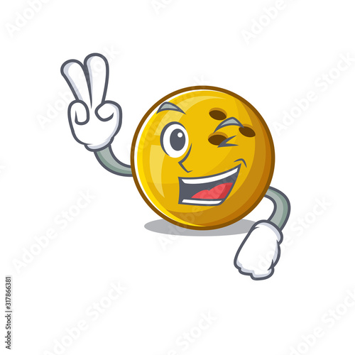 Smiley mascot of bowling ball cartoon Character with two fingers