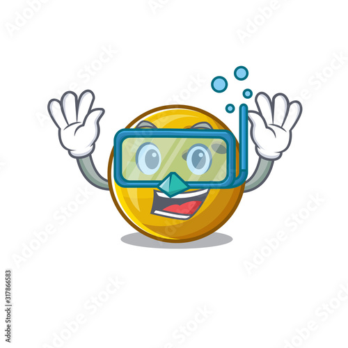 cartoon character of bowling ball wearing Diving glasses
