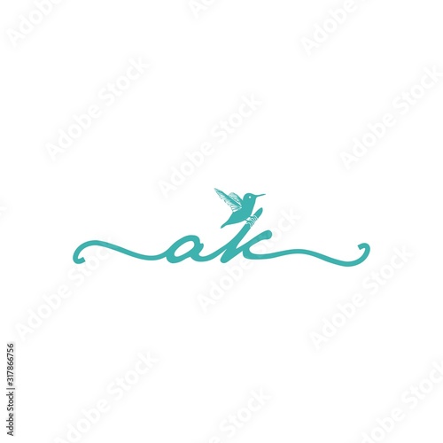 the initials ak handwritten with the bird logo icon