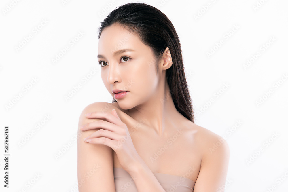 Portrait beautiful young asian woman clean fresh bare skin concept. Asian girl beauty face skincare and health wellness, Facial treatment, Perfect skin, Natural make up, on white background,two Portrait beautiful young asian woman clean fresh bare skin concept. Asian girl beauty face skincare and health wellness, Facial treatment, Perfect skin, Natural make up, on white background,two