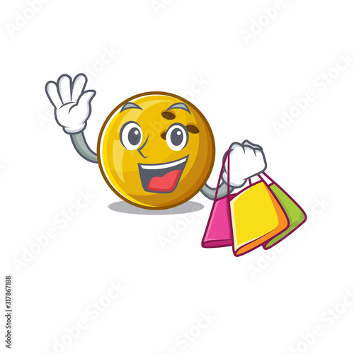 A happy rich bowling ball waving and holding Shopping bag