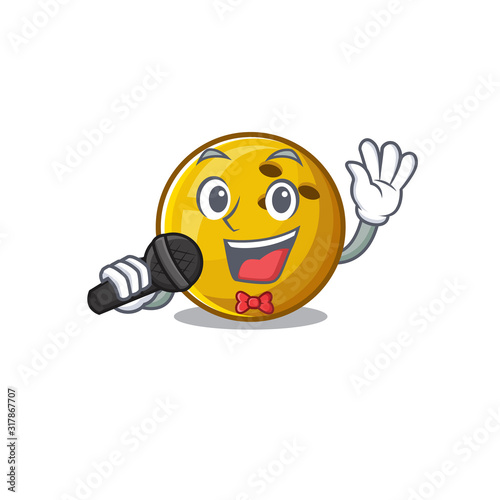 Happy bowling ball singing on a microphone