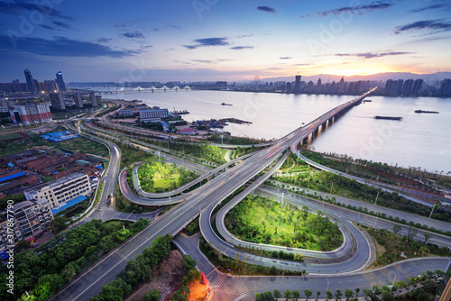 shanghai interchange overpass and elevated road in nightfall