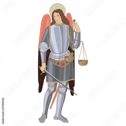 Isolated vector illustration. Vintage angel knight with sword and wages. Archangel Michael in medieval armor.