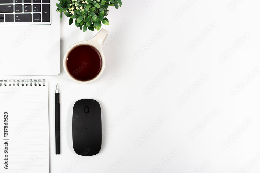 Naklejka premium Modern workplace, laptop and accessories on a white background top view.