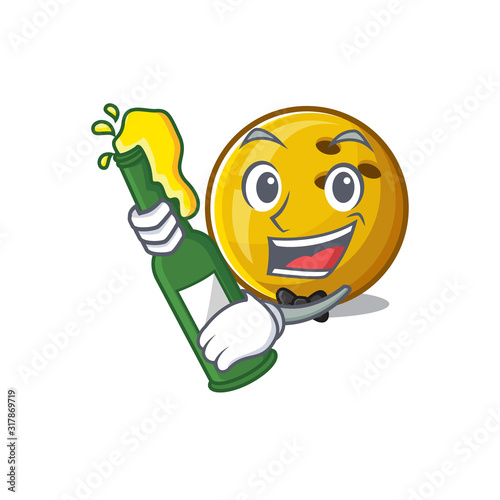 mascot cartoon design of bowling ball with bottle of beer photo