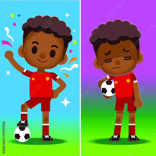Vector football player, soccer player, in different emotion, winning and losing
