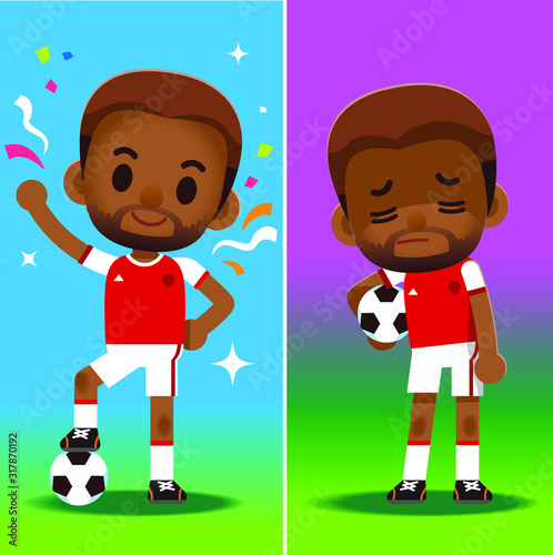 Vector football player, soccer player, in different emotion, winning and losing