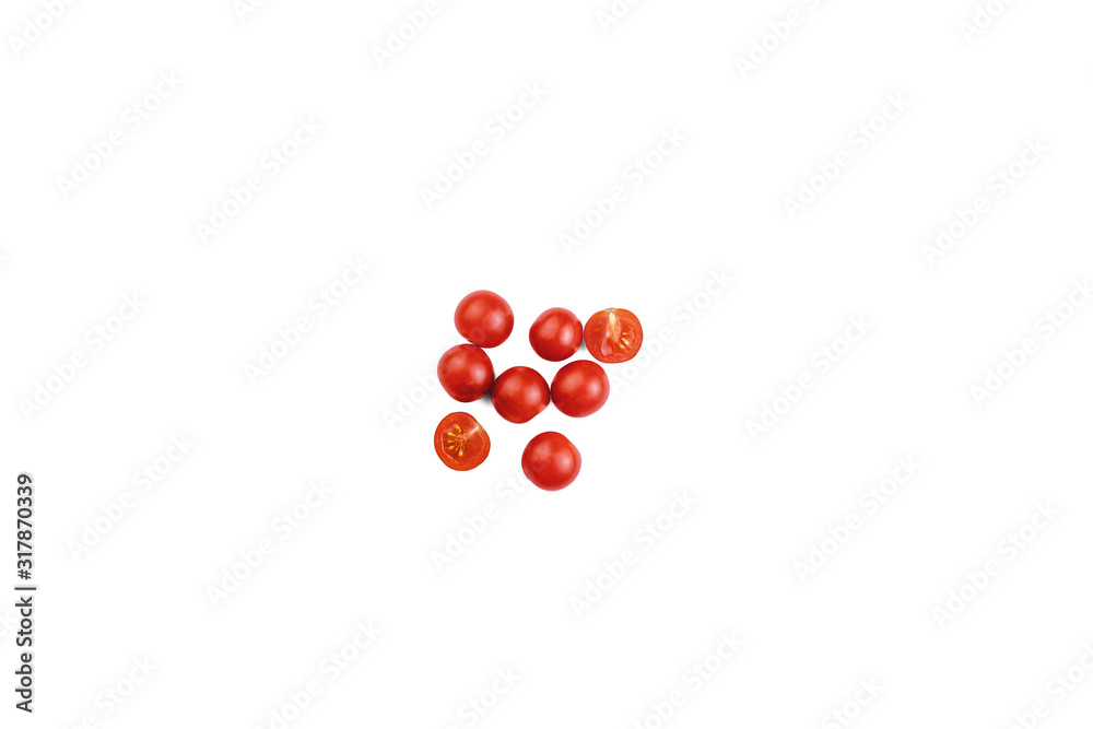 fresh cherry tomatoes with slices isolated on white background fresh cherry tomatoes with slices isolated on white background