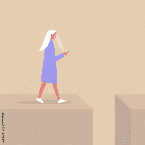 Young female character addicted to smart phone striding to the abyss, nomophobia, millennial lifestyle