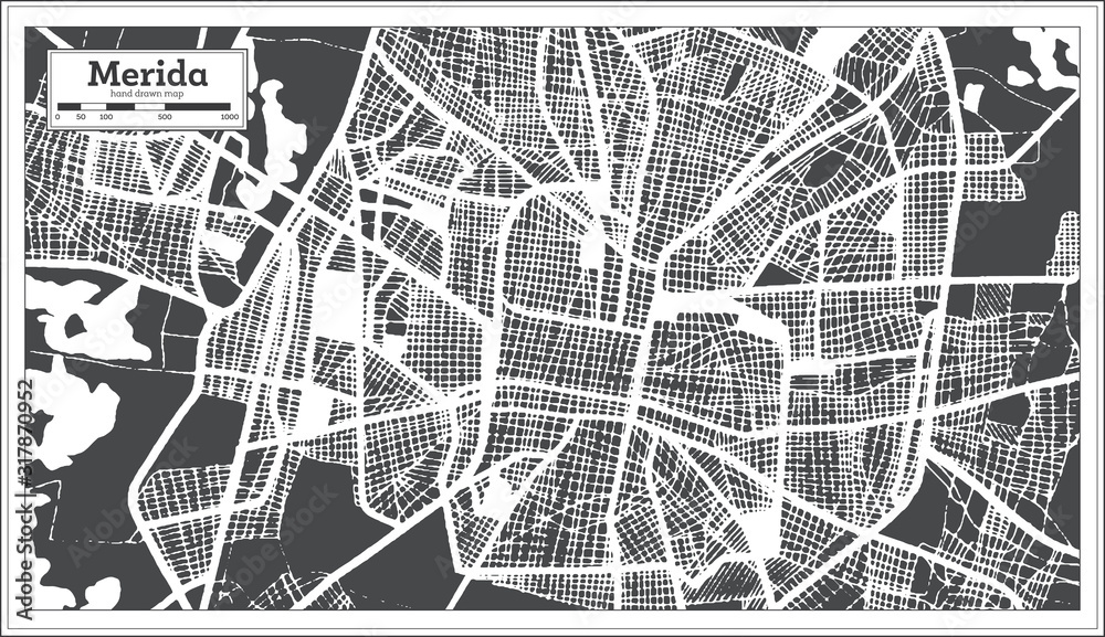 Merida Mexico City Map in Retro Style. Outline Map.