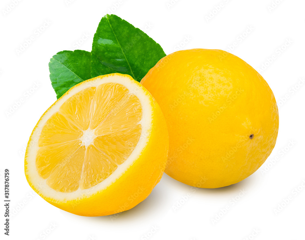 Fresh lemon and cut in half with leaves isolated on white. Lemon clipping path.