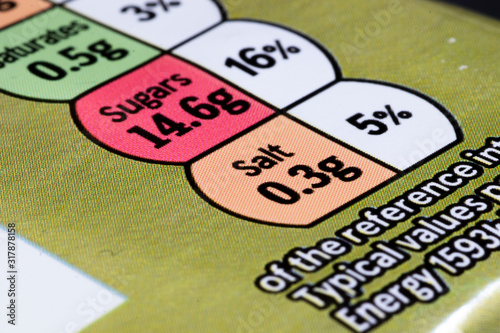 Salt content information displayed on food packaging label with shallow depth of field