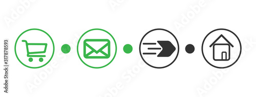 Order delivery status, post parcel package tracking vector icons. Order parcel processing bar, ship, in transit and delivery signs for express courier delivery app and web flat simple icons
