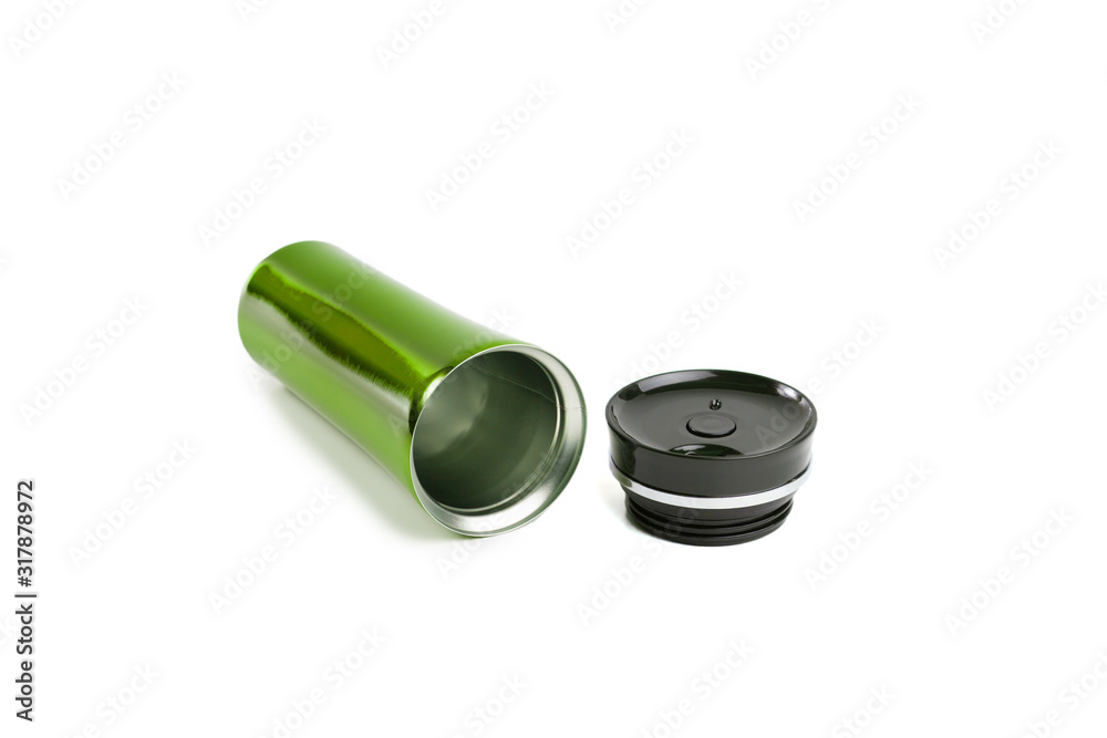 green burgundy thermos on a white background isolated green burgundy thermos on a white background isolated