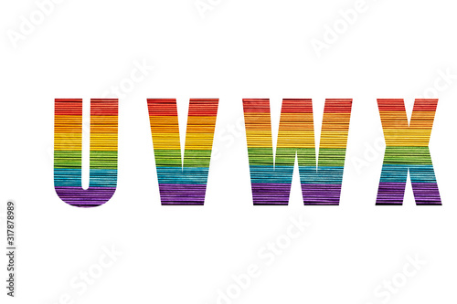 rainbow font Alphabet u, v, w, x made of Popsicle stick