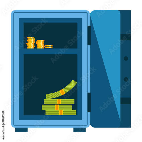 Metal safe with open door and money inside