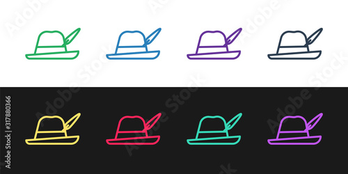 Set line Oktoberfest hat icon isolated on black and white background. Hunter hat with feather. German hat. Vector Illustration