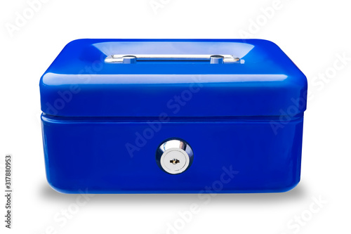 Blue metal cash box or  iron mini lock box with key  isolated on white background .clipping path included.