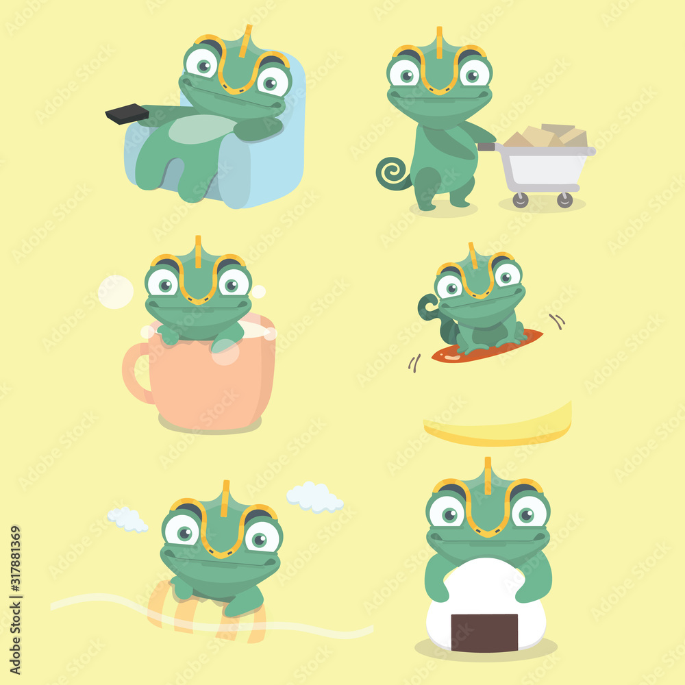 Obraz premium Cartoon chameleon cute illustration set..