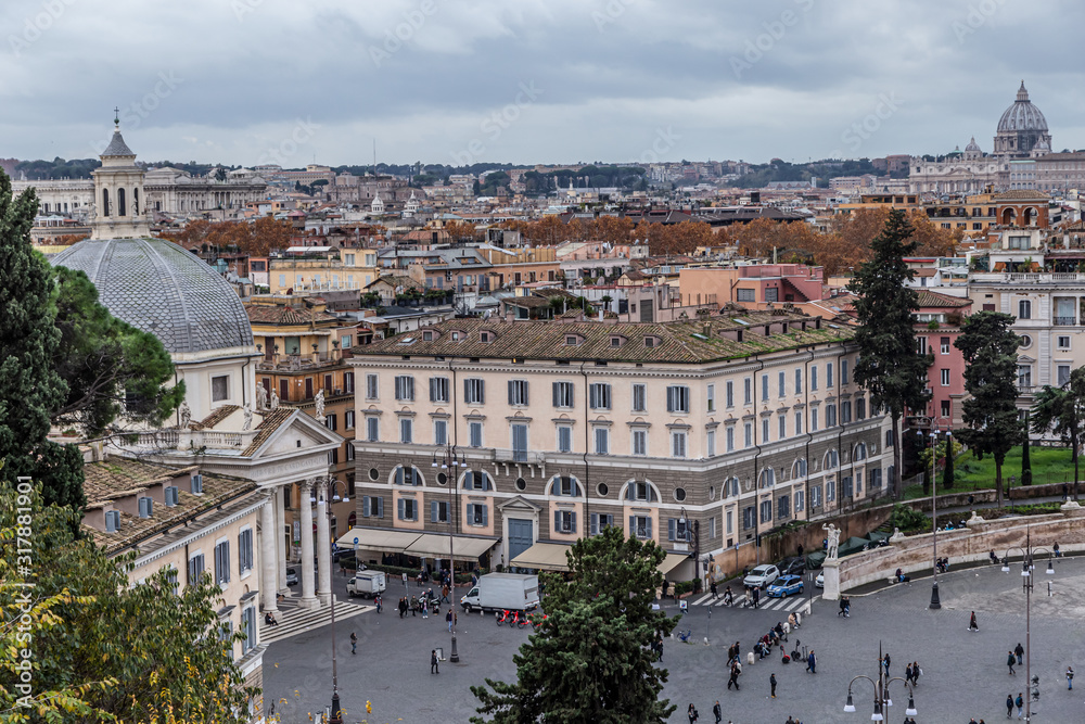 People's Square ( Piazza del Popolo ) top wiew, ( aerial view ), Rome architecture and landmark, in Rome, Italy