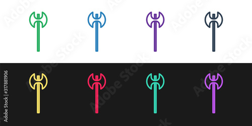 Set line Medieval axe icon isolated on black and white background. Battle axe, executioner axe. Medieval weapon. Vector Illustration