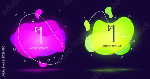 Line Medieval axe icon isolated on black background. Battle axe, executioner axe. Medieval weapon. Abstract banner with liquid shapes. Vector Illustration
