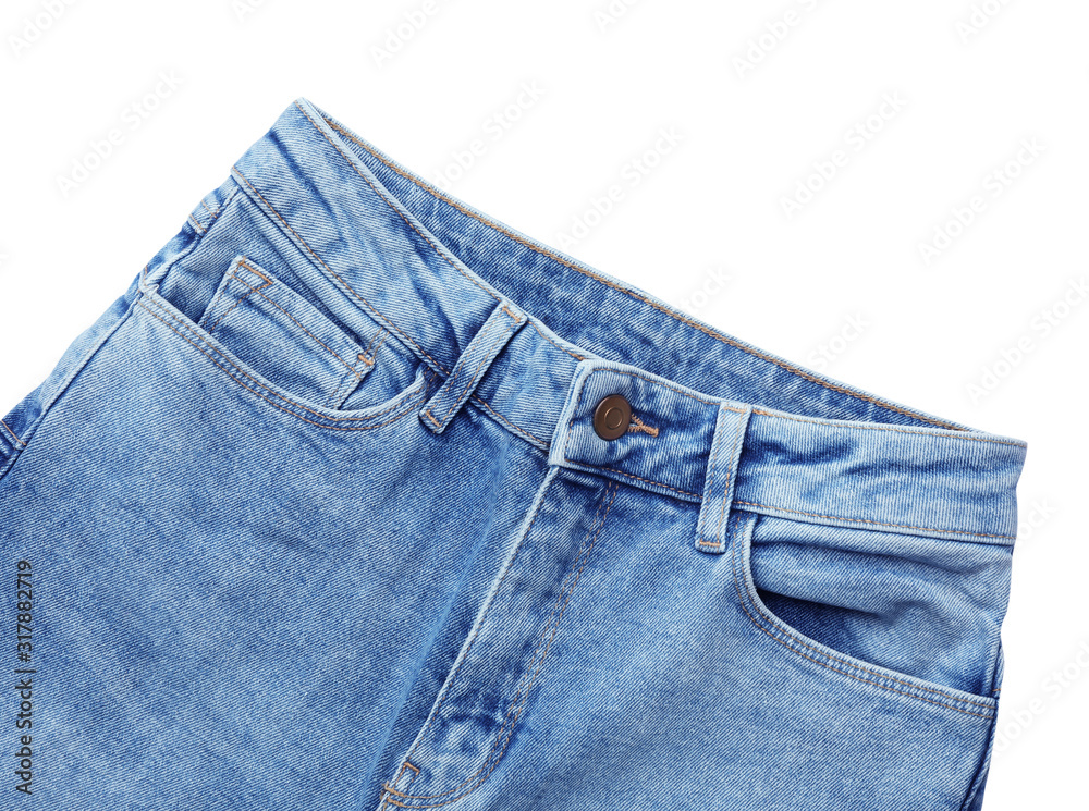 Stylish jeans isolated on white, top view